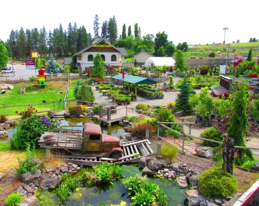 Overhead view of nursery paths, plant beds, ponds and a vintage truck