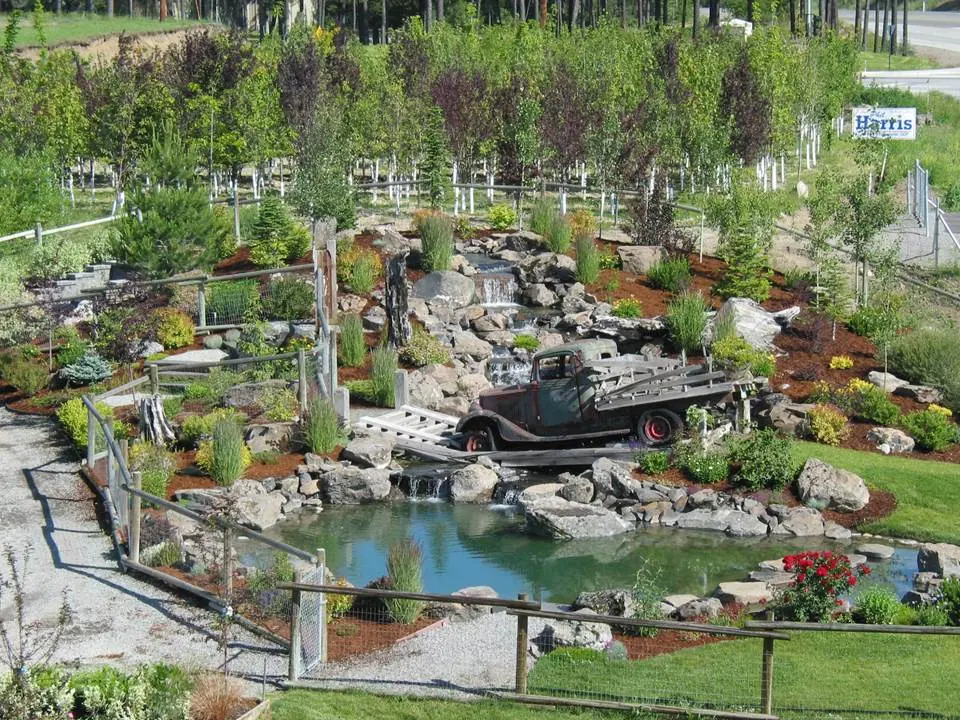 Overhead view of rock-lined ponds, nursery plants and connecting paths