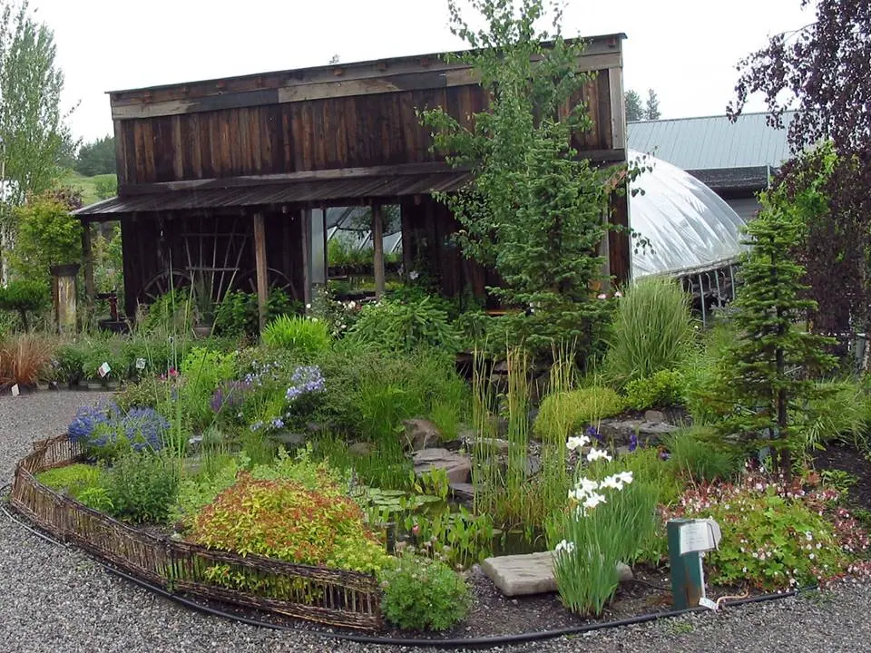 Rustic wooden building and lush plant beds beside a gravel walkway